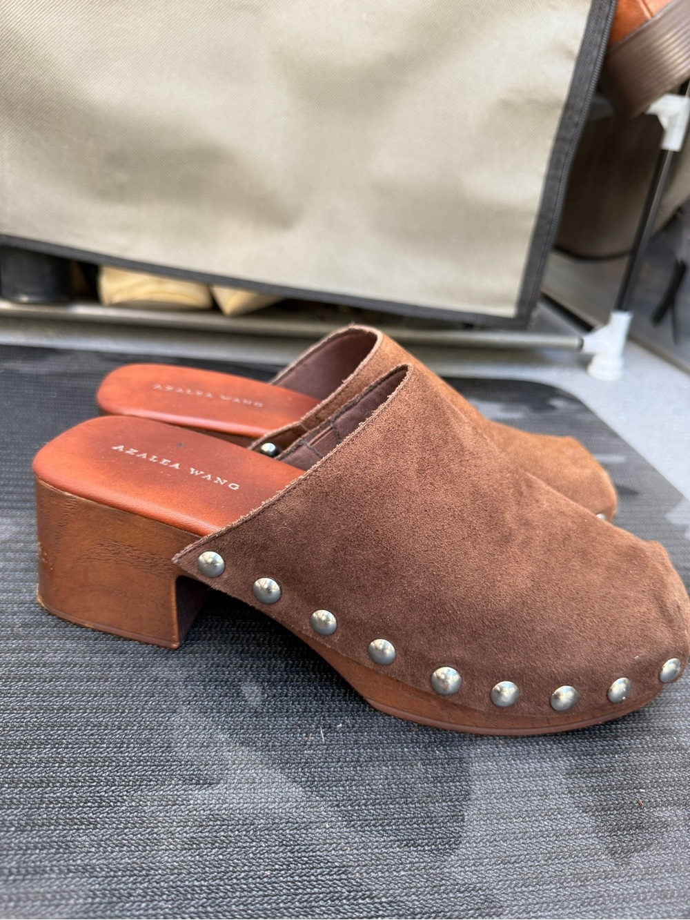 Brown Suede Studded Clog Heels